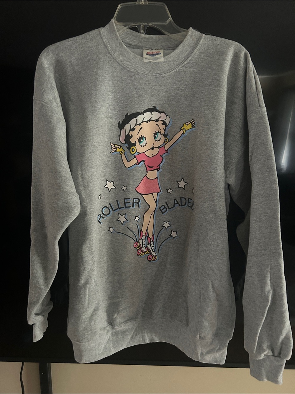 Hanes Gray Crewneck Sweatshirt with Pink Betty Boop Roller Skates Graphic